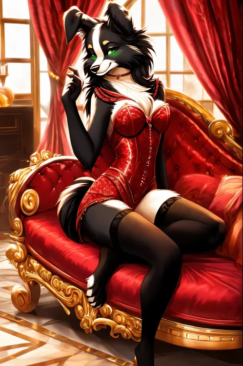 An enchanting anthropomorphic border collie dog dons an enticing black corset and alluring thigh-high stockings, captivatingly posed upon a lavish red velvet chaise. Her luscious fur is exquisitely soft and gleaming, while her bewitching green eyes tease w...