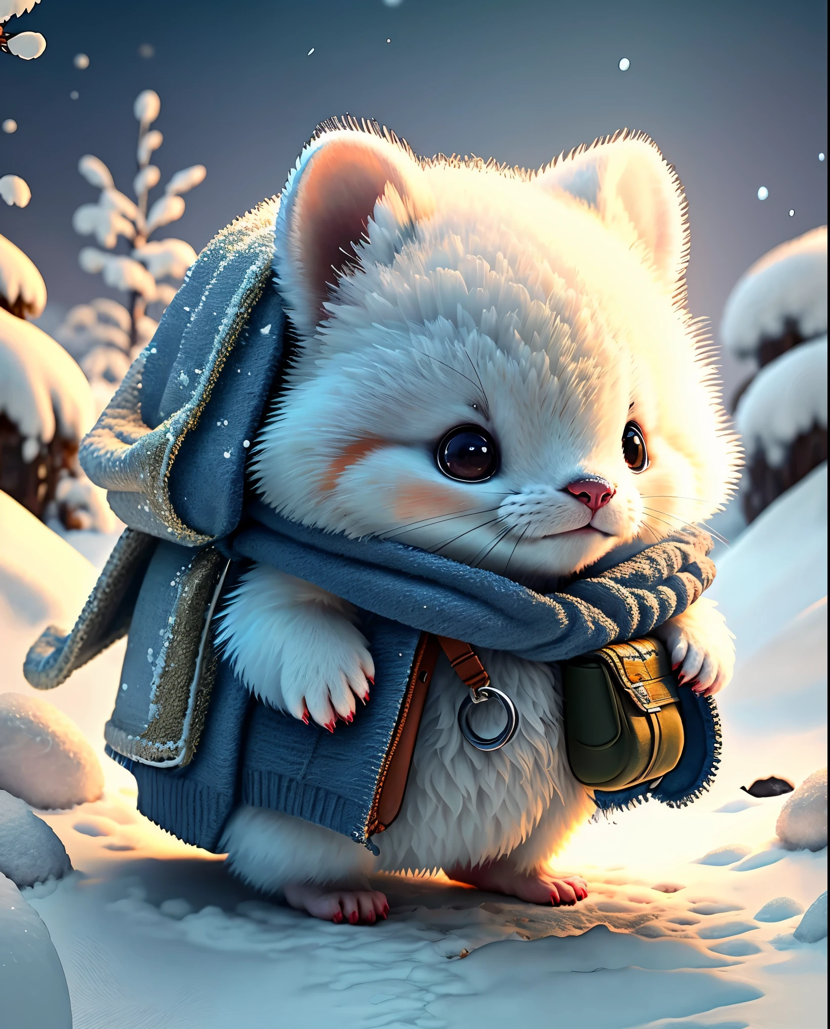 best image quality、"cute生き物の傑作を作成する. ermine、（winter）Tasmanian devil, high detail, In 8K、best image quality、Dressed as an adventurer、Bogan in hand、Video Game Hero Costume、(((cute)))、