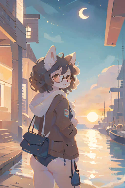 1girl, solo, furry, anthro, canine, dog, poodle, female, dog_ears, curly_hair, black and white fur, black_hair, curly_hair, floppy_ears, glasses, fat_ass, bubble_butt, chest_fluff, fluffy_tail, night, open_jacket, duster, long_jacket, brown jacket, seaside, beach, thatched_roof, purple bikini, sailboat, boats, canal, boardwalk, alley, tall_buildings, balcony, messenger_bag, sunrise, rays_of_light, sunbeam