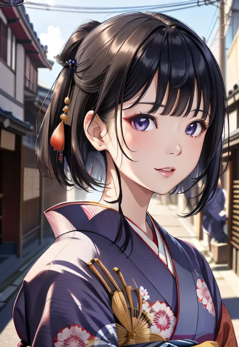 ((Sengoku period scenery、kimono、Highly detailed portrait of one girl standing on a street corner、face photo、close up face、front、...