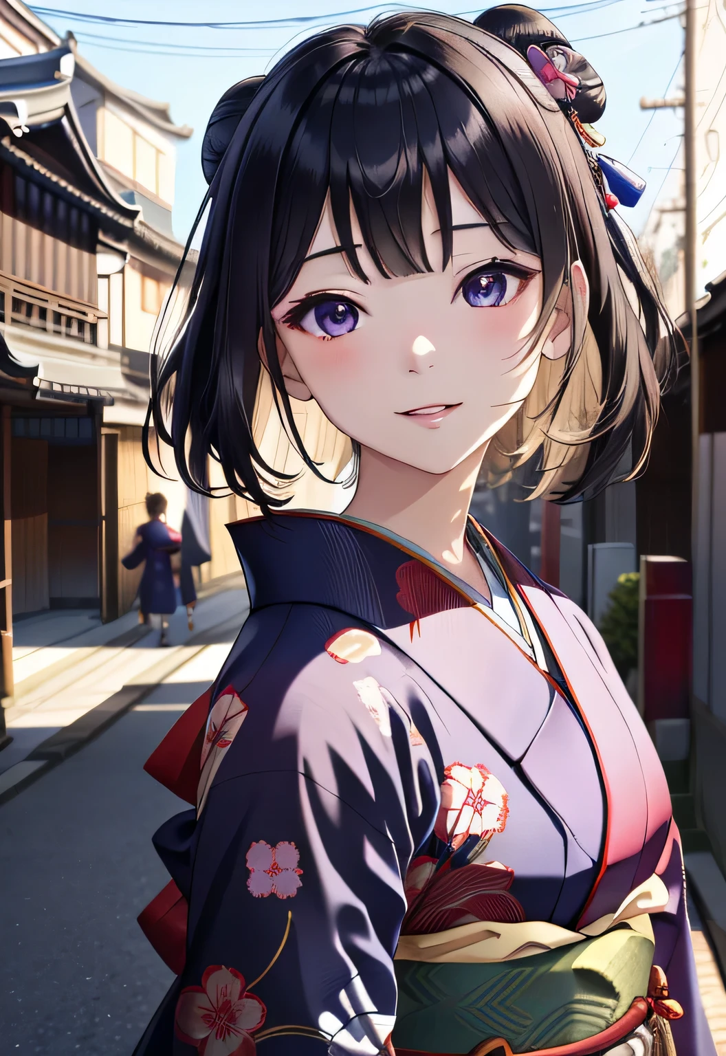 ((Sengoku period scenery、kimono、Highly detailed portrait of one girl standing on a street corner、face photo、superior、eerie aura halo、smile、Backlight、Patsun、short hair))、1 girl、masterpiece、japanese girl、absurd、High resolution、ssuperiorer detailed、written boundary depth、masterpiece、Detailed CG、3D photo、3D background、unity、8K、High resolution、highest quality、shadowy、sharp focus、white skin、fine eyes、blurred background、dynamic angle、The most amazing ssuperiorer feat exaggeration、closed mouth、ssuperiorer clear