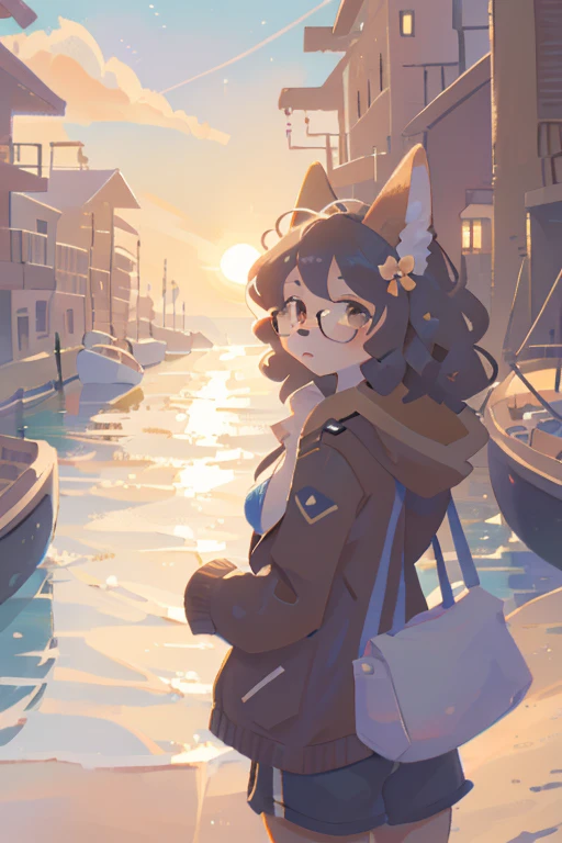 1girl, solo, furry, anthro, canine, female, dog_ears, curly_hair, black and white fur, black_hair, curly_hair, floppy_ears, glasses, fat_ass, bubble_butt, chest_fluff, fluffy_tail, night, open_jacket, duster, long_jacket, brown jacket, seaside, beach, thatched_roof, purple bikini, sailboat, boats, canal, boardwalk, alley, tall_buildings, balcony, messenger_bag, sunrise, rays_of_light, sunbeam