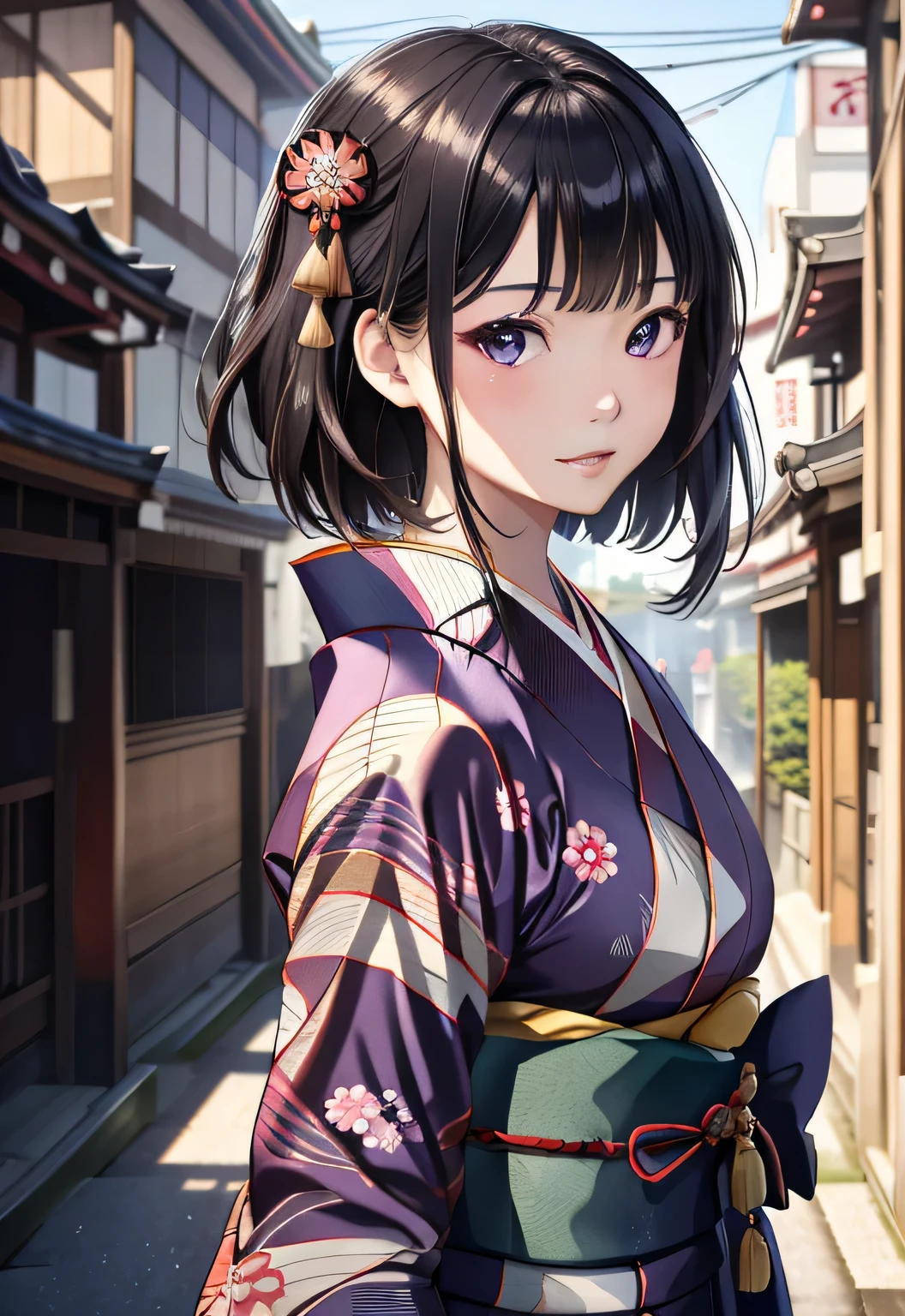 ((Sengoku period scenery、kimono、Highly detailed portrait of one girl standing on a street corner、face photo、close up face、front、eerie aura halo、smile、Backlight、Patsun、short hair))、1 girl、masterpiece、japanese girl、absurd、High resolution、Super detailed、written boundary depth、masterpiece、Detailed CG、3D photo、3D background、unity、8K、High resolution、highest quality、shadowy、sharp focus、white skin、fine eyes、blurred background、dynamic angle、The most amazing super feat exaggeration、closed mouth、super clear