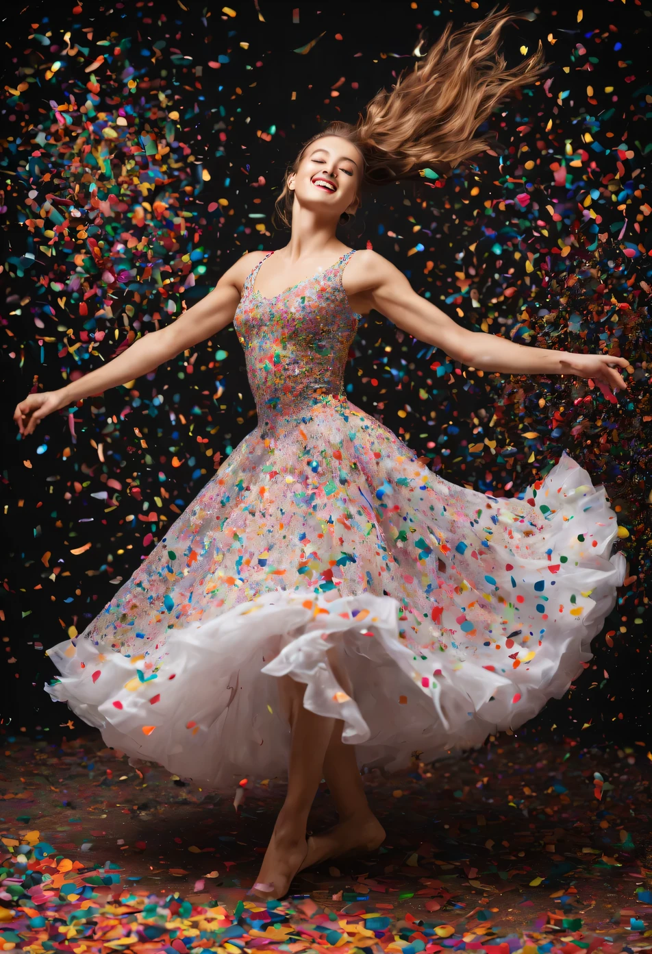 A girl in a ball gown dances a fast dance, her skirt develops and twists, The dancer&#39;s skirt is scattered with a lot of multi-colored confetti, which fly around with small colorful confetti, psychedelic art, confetti dance, dancer&#39;s skirt turns into confetti