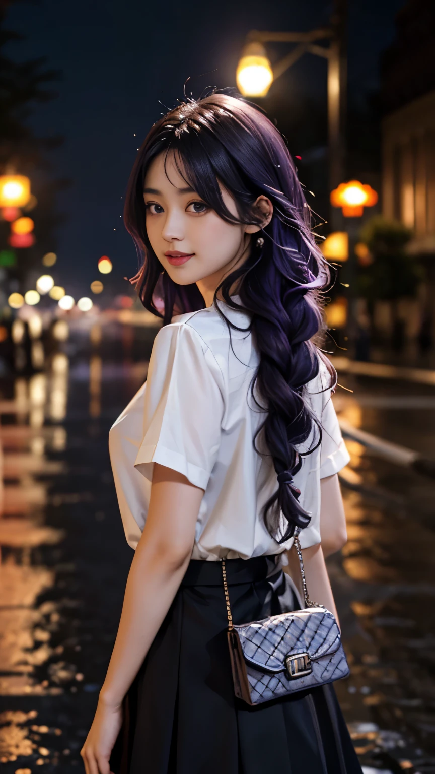 （8k，raw photos，best quality，master control：1.4），ultra high resolution，（reality，照片reality感：1.48），omertosa，1girl，（Kpop idol），（Sajiaosal：1），cute，Smile，（超级Bokeh之夜市中心：1.25)、Bokeh、night、traffic light、road signs、rain、rain后、humidity、professional lighting、detailed lighting、photon mapping、Radiosity、Physically based rendering、black绽放、backlight、depth of field、Natural light、hard focus, film grain, One meter shooting distance, Professional photography, photographed with a Sony a9 II Mirrorless Camera, Detailed eyes, Realistic purple eyes, Detailed shadows, looking at the audience, dog ears, Detailed lighting, skirt, 黑skirt, long legs, black，（Detailed hair，purple hair，Purple hair big breasts，thick braid，reality的头发，reality的灯光，reality的阴影，reality的衣服），reality的皮肤，（Gun on the waist：1），从上面reality的光反射，（（behind arm）），（Hand）