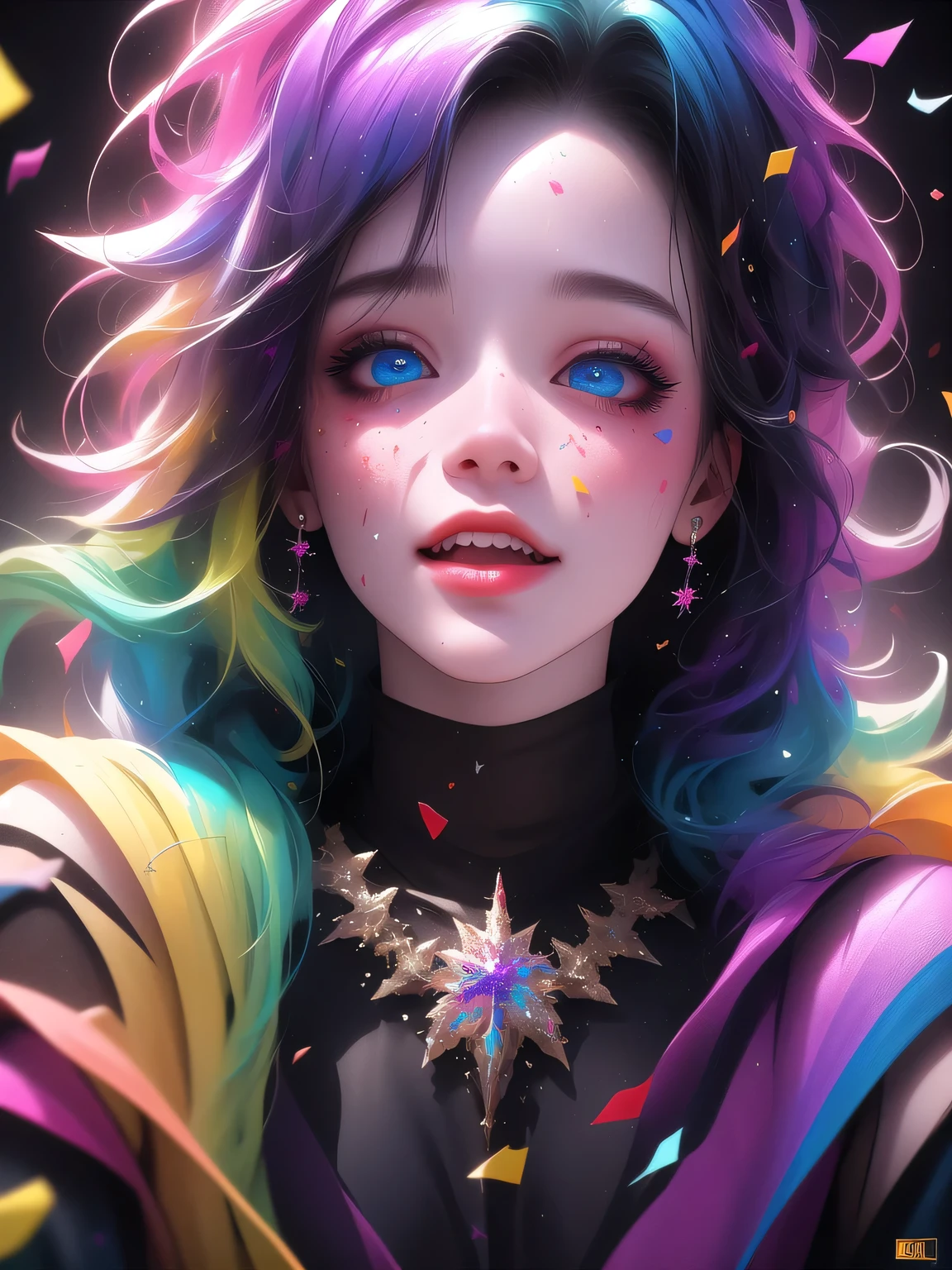colorful confetti, Rainbow Girl, Happy, perfect face, symmetrical eyes, rainbow colors, watercolor, mascara, colorful confetti, free drawing style, complex parts, cinematic lighting, octane number, 8k surround lighting, Realistic, Resolution 8K, by Alberto Seveso, colorful confetti Art