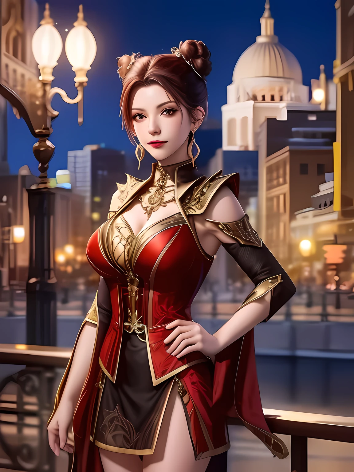 1girl, mature female, cityscape, night, looking at viewer, earrings, jewelry, hair bun,double bun, short hair, clothing cutout, cowboy shot, high collar,shoulder armor, shirt,