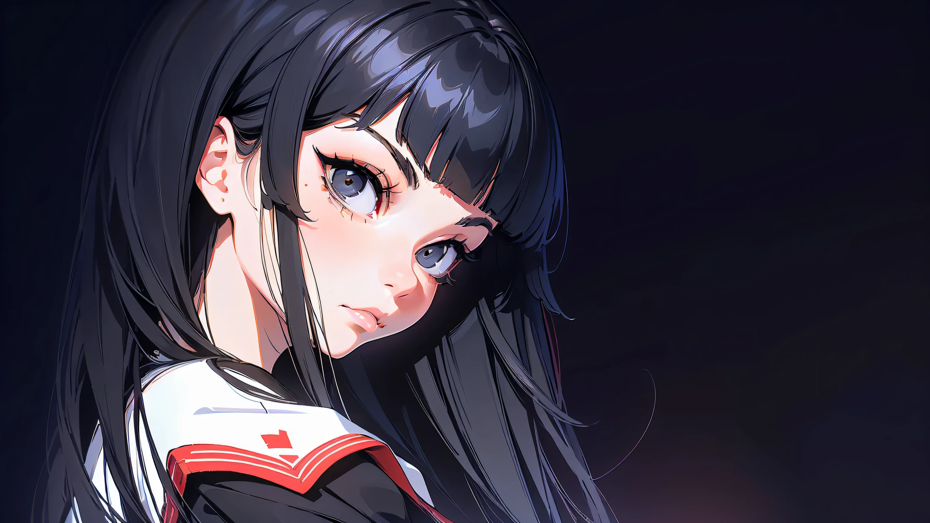 masterpiece, best quality, 1girl, solo, (Ilya Kuvshinov hairstyle), (sailor school uniform), ((top quality, ultra-detailed)), ((high resolution, extremely detailed CG, unity 8k wallpaper, by famous artist, perfect anatomy, super detailed skin, cinematic lighting, UHD, retina, anatomically correct, 1080P)), (Please draw a single one rude girl walking in a classroom school :1.3), ((1girl)), (Solo, face,17-year-old:2.0), a high school student, ((full black hair)) ((long bob hairstyle)) ((blunt short bangs)), ((long hair, straight hair fallen down and still hair)) Full limbs, complete fingers, ((perfect fingers, perfect arms)), ((detailed face)) ((sad gothic emo rude intimidating violent girl)), medium chest, medium butt, Beautiful detailed full black eyes, ((black eyes)) perfect eyes, (Detailed Lighting), (Detailed background), (in the school zone), full body view, standing, single girl (one girl), ((full body view)) ((Background is the school)), ((front body)), ((full body)) ((skirt)), ((legs)), ((shoes)), ((standing)) ((detailed perfect face))