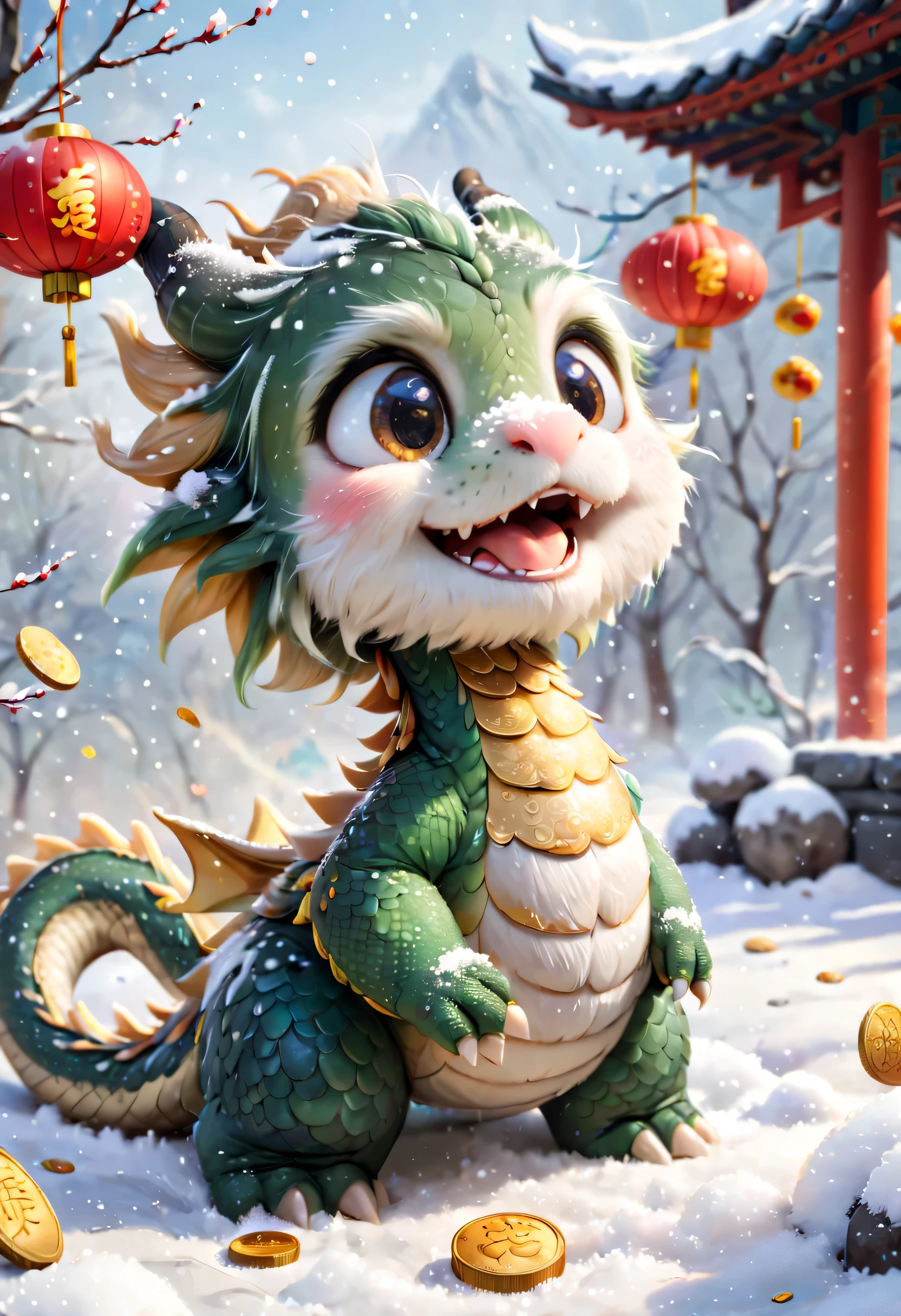 poster design：Chinese New Year is here，Cute little Chinese dragon so happy，hairy，purse，There are many gold coins in the air，Chinese element background blur，