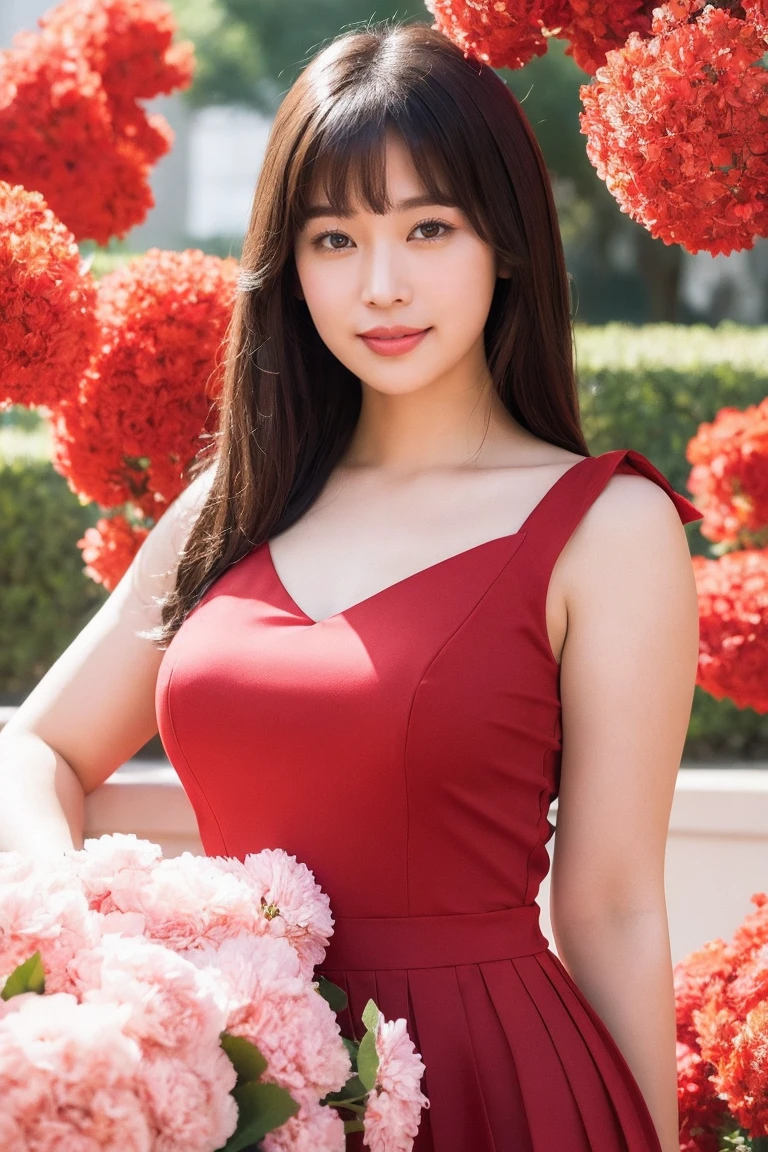 Medium view, medium shot, Depth of bounds written, bust, Upper body, cinematic angle, masterpiece, highest quality, Super detailed, cg, 8k wallpaper, beautiful face, delicate eyes, maiden, alone, smile, bangs, skirt, shirt, have, Crimson dress, bow, petal, bouquet