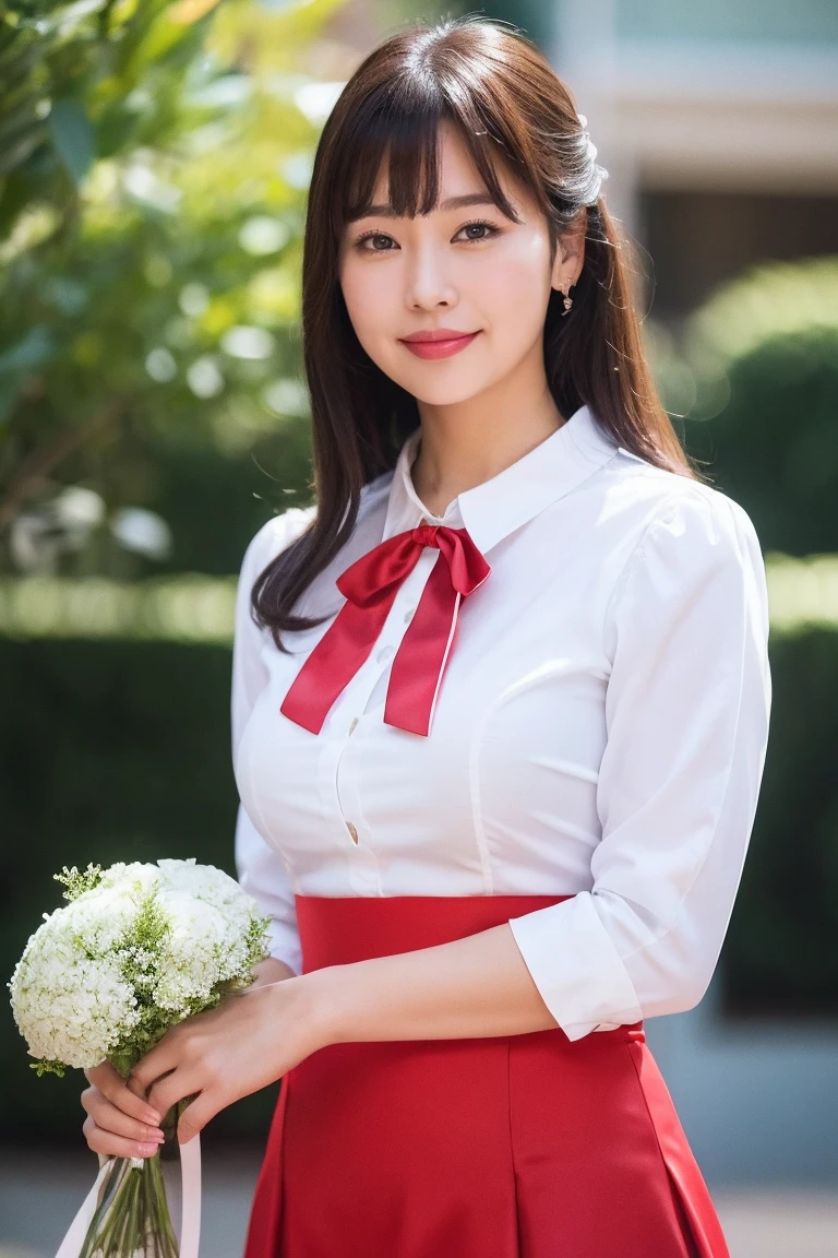 Medium view, medium shot, Depth of bounds written, bust, Upper body, cinematic angle, masterpiece, highest quality, Super detailed, cg, 8k wallpaper, beautiful face, delicate eyes, maiden, alone, smile, bangs, skirt, shirt, have, Crimson dress, bow, petal, bouquet