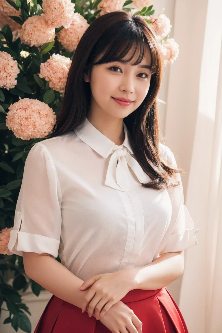 Medium view, medium shot, Depth of bounds written, bust, Upper body, cinematic angle, masterpiece, highest quality, Super detailed, cg, 8k wallpaper, beautiful face, delicate eyes, maiden, alone, smile, bangs, skirt, shirt, have, Crimson dress, bow, petal, bouquet