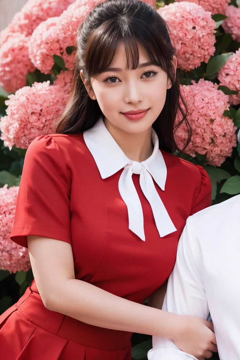 Medium view, medium shot, Depth of bounds written, bust, Upper body, cinematic angle, masterpiece, highest quality, Super detailed, cg, 8k wallpaper, beautiful face, delicate eyes, maiden, alone, smile, bangs, skirt, shirt, have, Crimson dress, bow, petal, bouquet