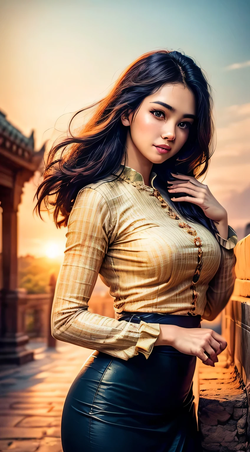 (masterpiece, best quality , high resolution:1.2), (photo realistic:1.2), (intricate and beautiful:1.2) , detailed sun light, (colorful and dynamic angle), upper body shot, fashion photography, 1 girl, acmm ls outfit, wearing acmm top, blue acmm top, long sleeves, wearing acmm long skirt, blue acmm long skirt, printed skirt, posing for photo, long straight hair, teasing look, gazing with a playful and teasing expression, igniting curiosity and attraction, attractive, outdoors, scenery, traditional media, sky, day, photo background, real world location, architecture, nature, ruins, landscape, bagan ancient pagoda background