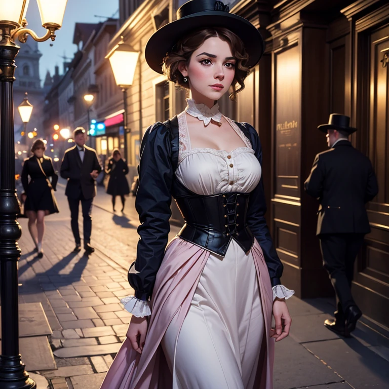 Peinture , beau portrait, Fermer, haute résolution, 8k,d&#39;une femme vêtue d&#39;une robe rose et d&#39;un chapeau marchant dans une rue, Marcher la nuit.par le , lampadaires la nuit Art d&#39;Edouard Bisson, ( (Constantin Razumov ) ), Constantin Razumov, par Herbert James Gunn, Dame victorienne, une belle femme victorienne, Art fantastique victorien, Herbert James Draper,  vêtu de vêtements victoriens, Vittorio Matteo Corcos, belle peinture de personnage