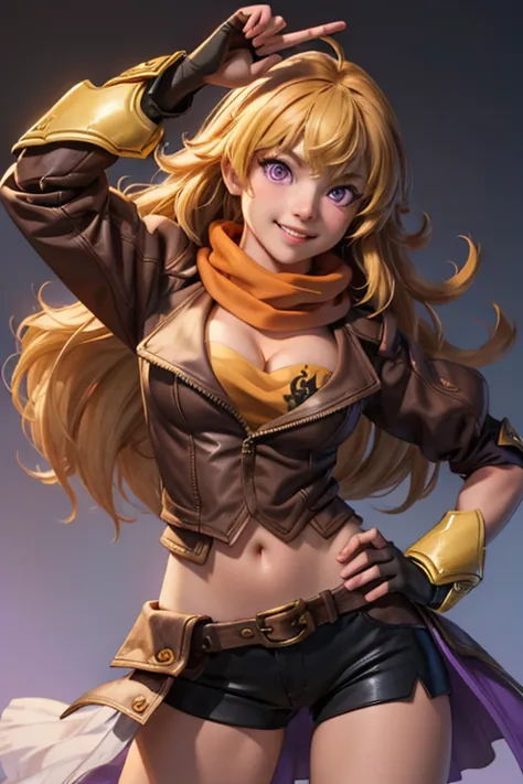 (masterpiece, best quality:1.2), cowboy shot, solo, 1girl, yang xiao long, grin, hand on hip, ahoge, purple eyes, brown jacket, ...