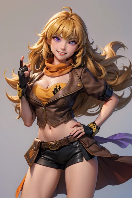 (masterpiece, best quality:1.2), cowboy shot, solo, 1girl, yang xiao long, grin, hand on hip, ahoge, purple eyes, brown jacket, black shorts, black fingerless gloves, orange scarf, waist cape, midriff, cleavage, large breasts, exposed nipples