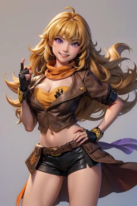 (masterpiece, best quality:1.2), cowboy shot, solo, 1girl, yang xiao long, grin, hand on hip, ahoge, purple eyes, brown jacket, ...