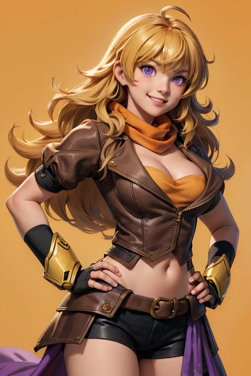 (masterpiece, best quality:1.2), cowboy shot, solo, 1girl, yang xiao long, grin, hand on hip, ahoge, purple eyes, brown jacket, black shorts, black fingerless gloves, orange scarf, waist cape, midriff, cleavage, large breasts, exposed nipples