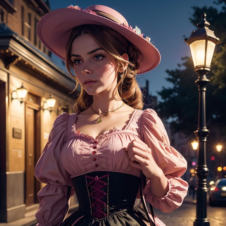 Híper realista , hermoso retrato, De cerca, Alta resolución, 8K,de una mujer con un vestido rosa y un sombrero caminando por una calle, Caminar de noche.por el , farolas en la noche, dama victoriana, una hermosa mujer victoriana, Arte de fantasía victoriana, Herbert James Draper,  vestido con ropa victoriana, Vittorio Matteo Corcos, hermoso personaje.