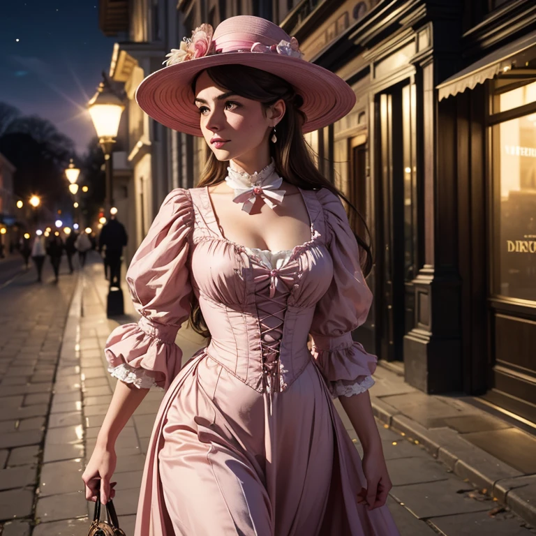 Híper realista , hermoso retrato, De cerca, Alta resolución, 8K,de una mujer con un vestido rosa y un sombrero caminando por una calle, Caminar de noche.por el , farolas en la noche, dama victoriana, una hermosa mujer victoriana, Arte de fantasía victoriana, Herbert James Draper,  vestido con ropa victoriana, Vittorio Matteo Corcos, hermoso personaje.