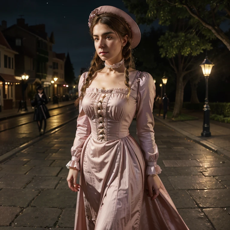 Híper realista , hermoso retrato, De cerca, Alta resolución, 8K,de una mujer con un vestido rosa y un sombrero caminando por una calle, Caminar de noche.por el , farolas en la noche, dama victoriana, una hermosa mujer victoriana, Arte de fantasía victoriana, Herbert James Draper,  vestido con ropa victoriana, Vittorio Matteo Corcos, hermoso personaje.