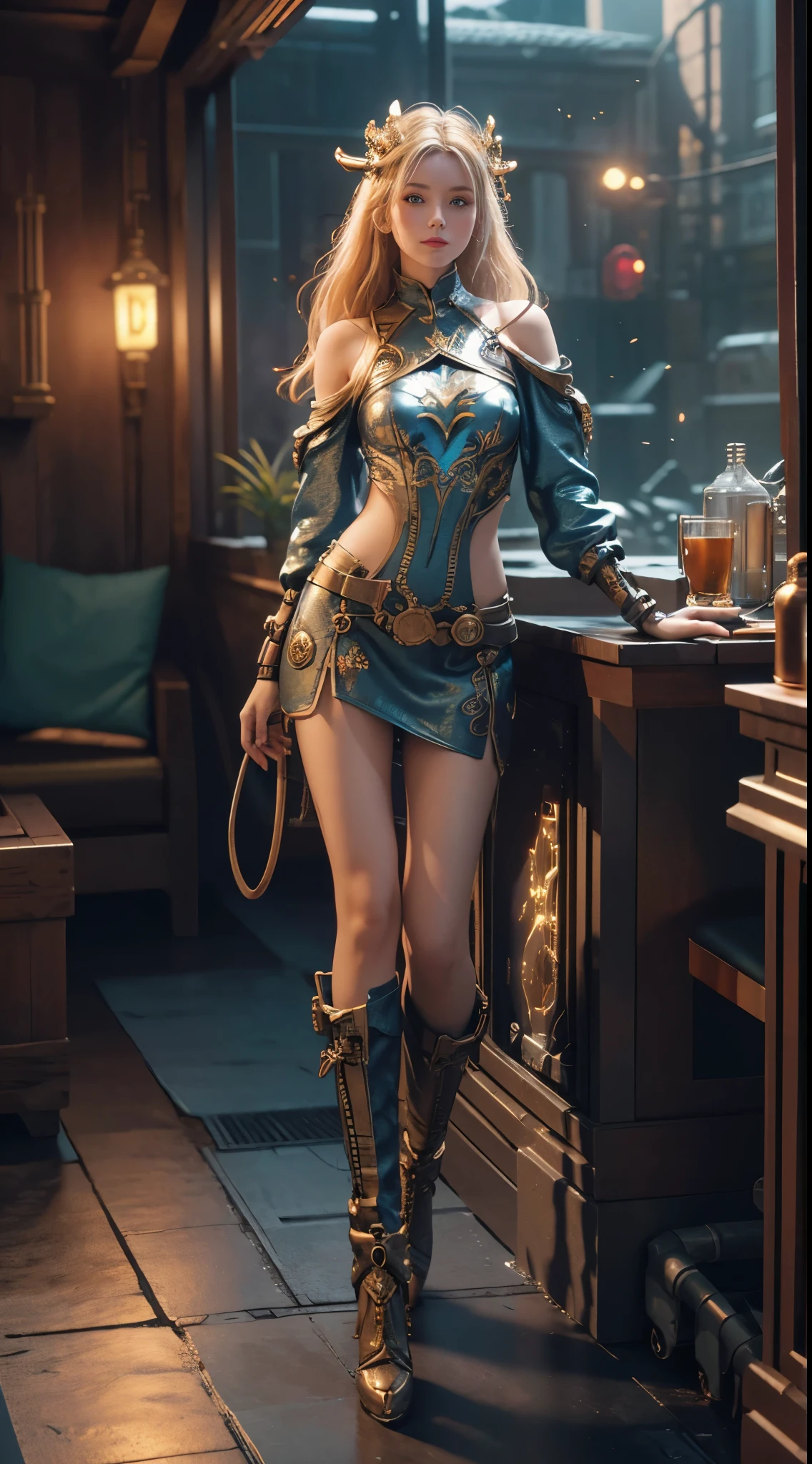 panorama, full body, best quality, masterpiece, super high resolution, (realism:1.4), absurdity, cinema lights, (best vista photos of mechanical girls), ((glow)), (blue dragon pattern on clothes), blonde, long hair, blue eyes, smile, delicate headdress, extremely detailed face, surrealism, steampunk, intricate design, extremely detailed, exquisite detail, HDR (high dynamic range), ray tracing, Unreal 5, subsurface scattering, PBR texture, post-processing, Anisotropic Filtering, Depth of Field, Maximum Sharpness and Acutance, Multi-layer Textures, Albedo and Highlight Maps, Surface Shading, Accurate Simulation of Light-Material Interactions, Perfect Proportions, Octane Rendering, Duotone Illumination, Low ISO, White Balance, Rule of Thirds, Wide Aperture, 8K RAW, High Efficiency Subpixels, Subpixel Convolution, Luminescent Particles, Light Scattering, Tyndall Effect