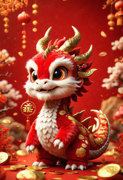 poster design：Chinese New Year is here，Cute little Chinese dragon is so happy，hairy，（There are many gold coins in the air），red background blur，