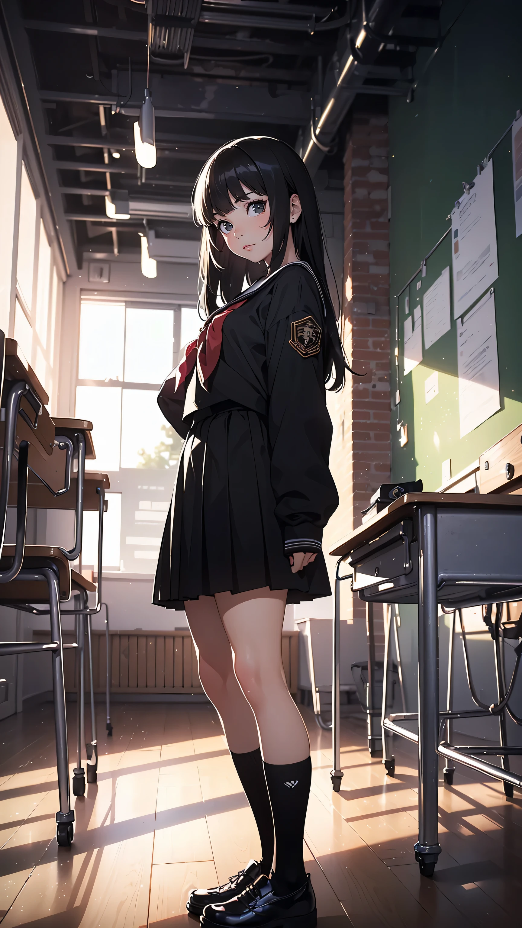 obra maestra, Mejor calidad, 1 chica, Solo, (Peinado de Iliá Kuvshinov), (Uniforme escolar marinero), ((Calidad superior, ultra detallado)), ((high resolution, CG extremadamente detallado, fondo de pantalla de unidad 8k, por artista famoso, perfect anatomy, super detailed skin, cinematic lighting, HD, retina, anatomically correct, 1080P)), (Please draw a single one rude girl walking in a aula school :1.3), ((1 chica)), (Solo, rostro,16-year-old:2.0), un estudiante de secundaria, ((pelo negro completo)) ((Peinado largo de Bob)) ((flequillo corto y contundente)) ((micro bangs with pelo largo)), ((pelo largo, straight hair fallen and still hair)) Extremidades completas, dedos completos, ((Dedos perfectos, brazos perfectos)), ((detailed rostro)) ((Gothic, chica intimidante, sadic rostro)), pecho mediano, trasero mediano, Beautiful detailed full ojos negros, ((ojos negros)) ojos perfectos, (Detailed lighting), (antecedentes detallados), ((en la zona escolar)), cuerpo completo view, de pie, Soltera (una chica), ((cuerpo completo view)) ((El fondo es la escuela.)), ((cuerpo delantero)), ((cuerpo completo)) ((de pie)) ((detailed perfect rostro)) ((aula))