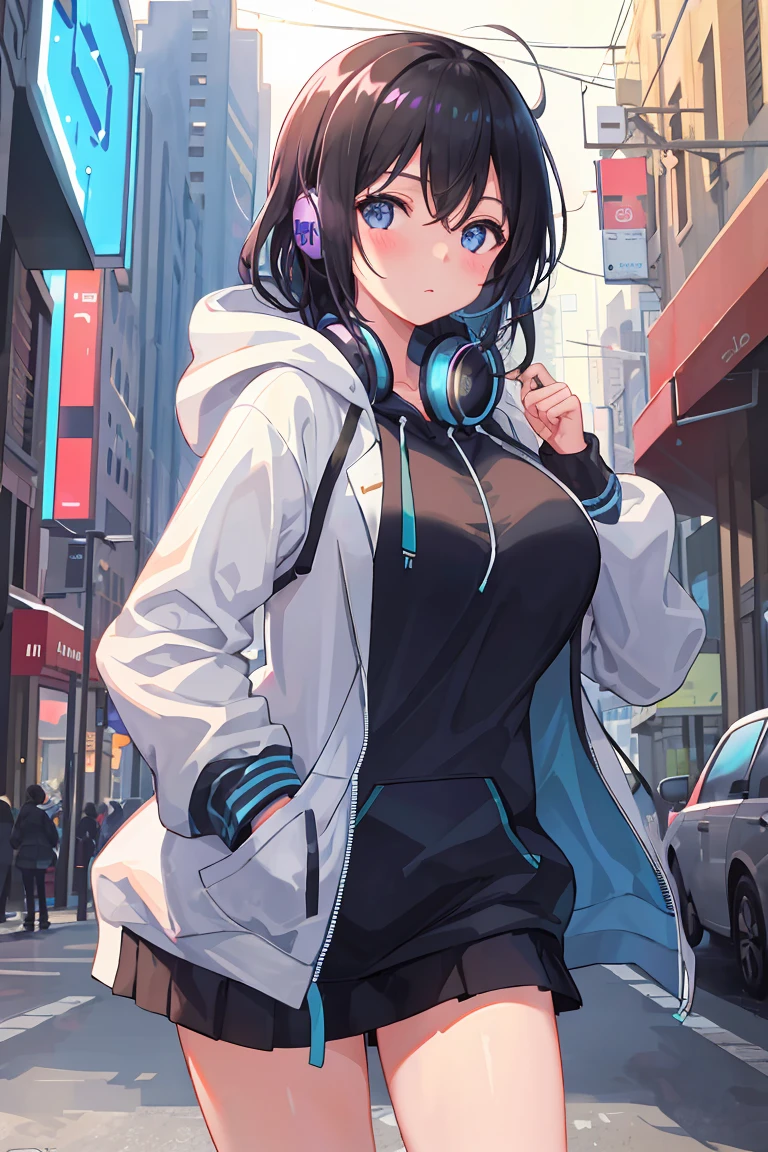 1 girl,big breasts, 
outdoor,cityscape, street,Are standing,cowboy shot, (Black hair with blue shine)、
(hoodie),Wrap the headphones around your neck, 
blush,