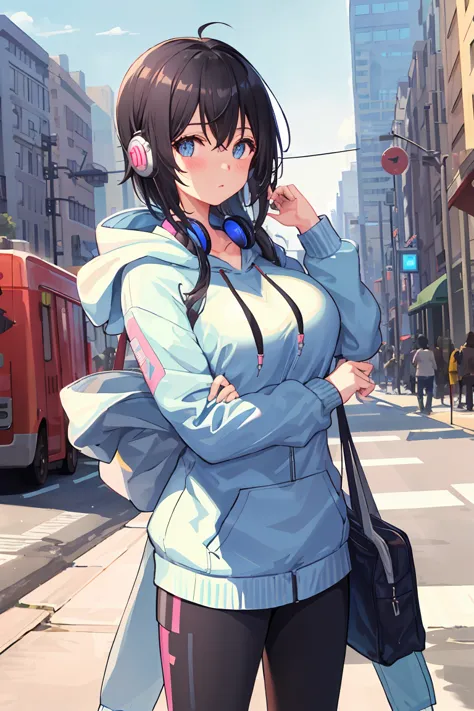 1 girl,big breasts, 
outdoor,cityscape, street,Are standing,cowboy shot, (Black hair with blue shine)、
(hoodie),Wrap the headpho...
