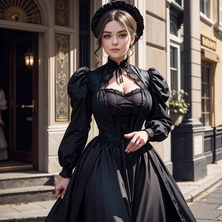 Hyper-realistic, masterpiece, screen shot, best quality, beautiful portrait, close-up zoom, high resolution, 8k, 1girl, smiley cocky smirk, a woman in a black dress, plus size model, plump, walking down a street, walking in evening, Victorian lady, a beautiful Victorian woman, Victorian fantasy art, Herbert James Draper,  dressed in Victorian clothes, Vittorio Matteo Corcos, beautiful character.