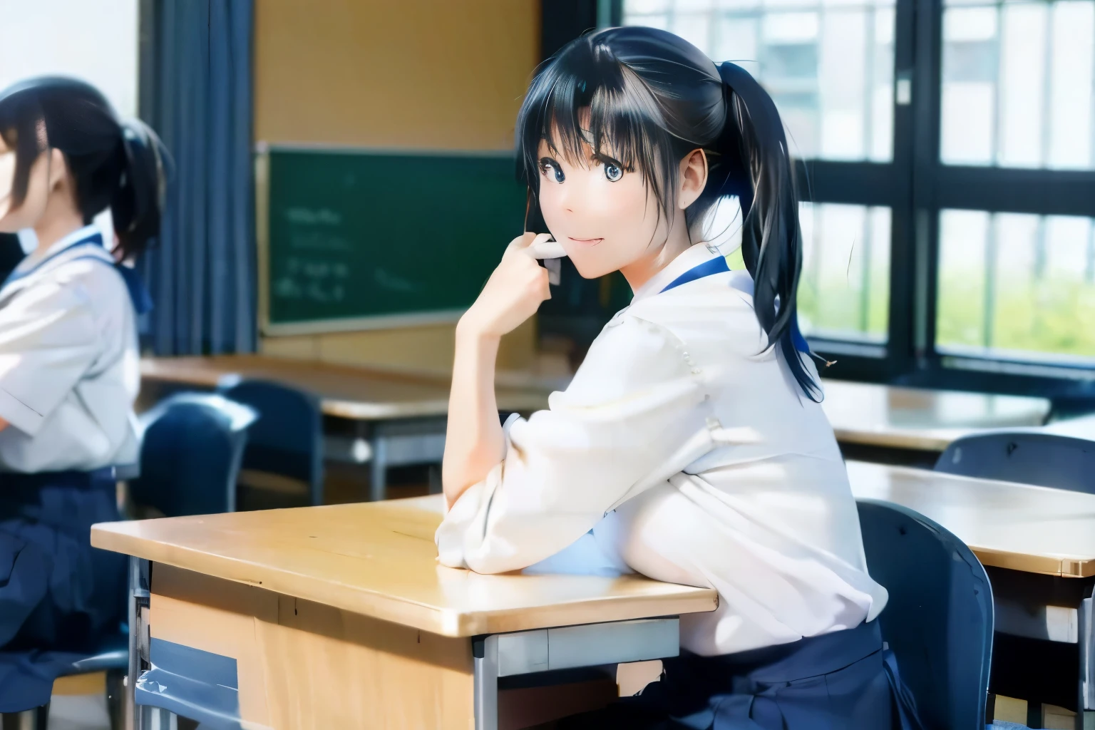 Japan High School Classroom,A female student is sitting at a desk and looking at me,He wears a white uniform with a blue ribbon on his chest.,hands folded on knees,smile,Hair in black ponytail,The color of the skirt is navy blue,２Ｄrealistic anime style