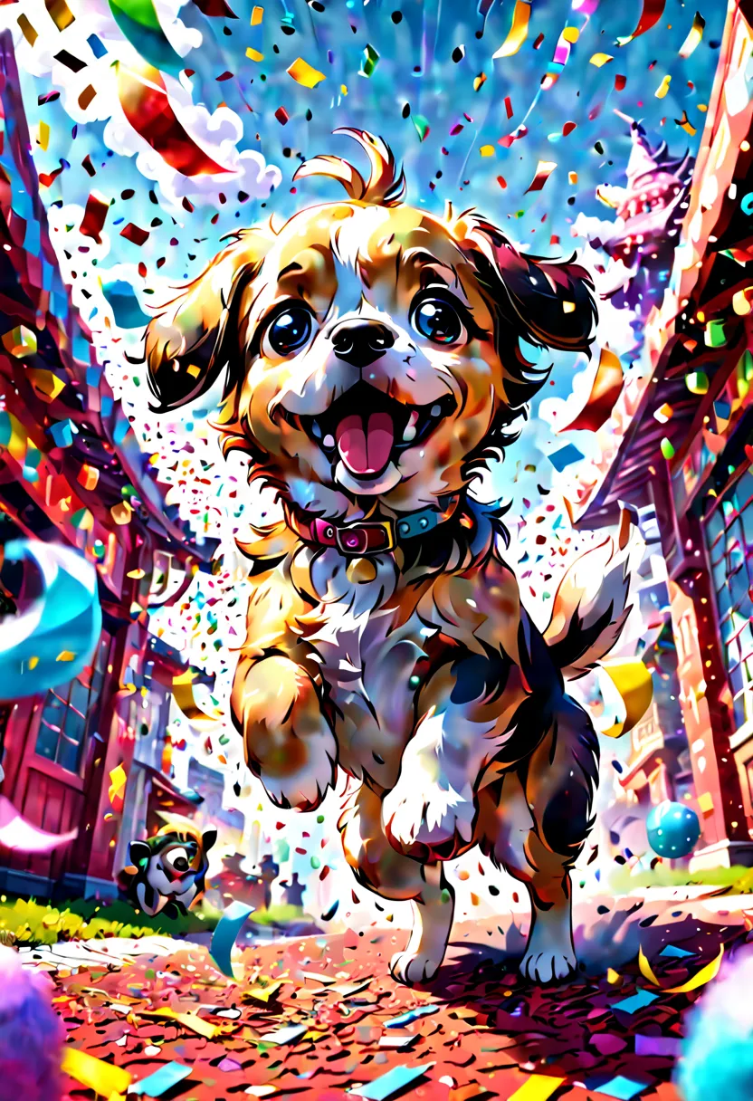 Cute puppy excitedly playing in swirling cloud of colorful confetti at festival, confetti raining down around happy puppy, hyper...