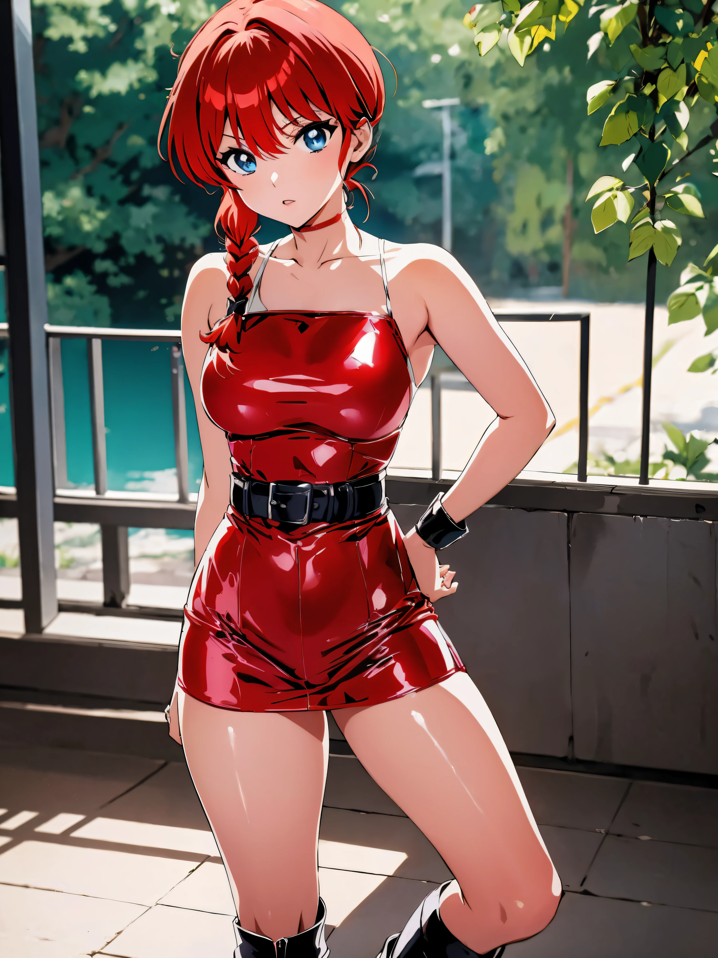 Anime girl rousse portant un haut en latex rose et un pantalon en cuir noir, , beau corps, gros seins, avec une main sur ta taille et l&#39;autre sur tes lèvres, main sur la hanche, main avec le doigt sur la lèvre, doigt sur la bouche, groupe sexy, red cheveux avec tresse, bel éclairage, ombres douces, yeux bleus, belles jambes, cheveux avec tresse, style animé, Ranma chan, Autora Rumiko Takahashi, D&#39;après une œuvre de Rumiko Takahashi, Anime Ranma 1/2, gros seins, déco sexy, hanche robuste, tout le corps, tout le corps, beaux seins, jeune fille avec un beau et beau corps, vêtements chinois sexy, bottes noires, chaussures de démarrage en cuir 