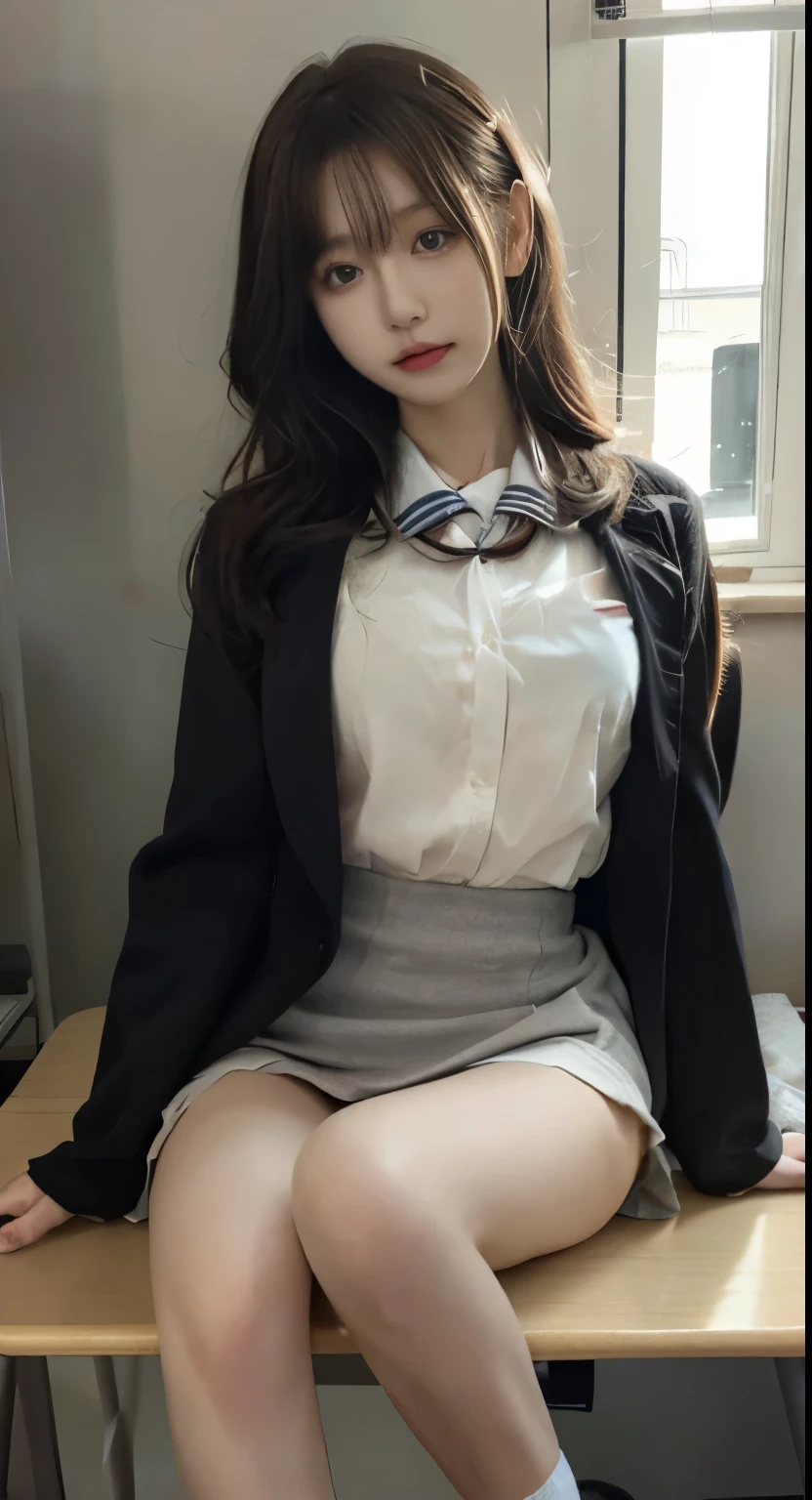 Arafed asian woman in a school uniform sitting on a desk - SeaArt AI