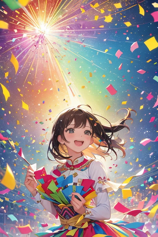 Intricately detailed, ultra high definition, 超高分辨率, masterpiece, random angles, shiny and vibrant, colorful confetti, beautiful and playful, pretty and whimsical, (huge confetti shower: 1.2), scattered and floating, delicate and light, celebratory atmosphere, dynamic lighting, color burst, elegant and joyful, multi-colored rain, vivid hues, painterly style, special occasion, fun and lively, (confetti explosion: 1.5), vintage feel, festive and cheerful, (colorful backdrop: 1.4), surreal art, dreamlike, whimsical, imaginative, full of life,