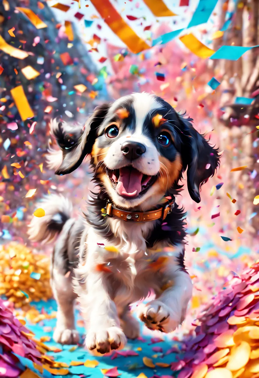 Cute puppy excitedly playing in swirling cloud of colorful confetti at festival, confetti raining down around happy puppy, hyper...