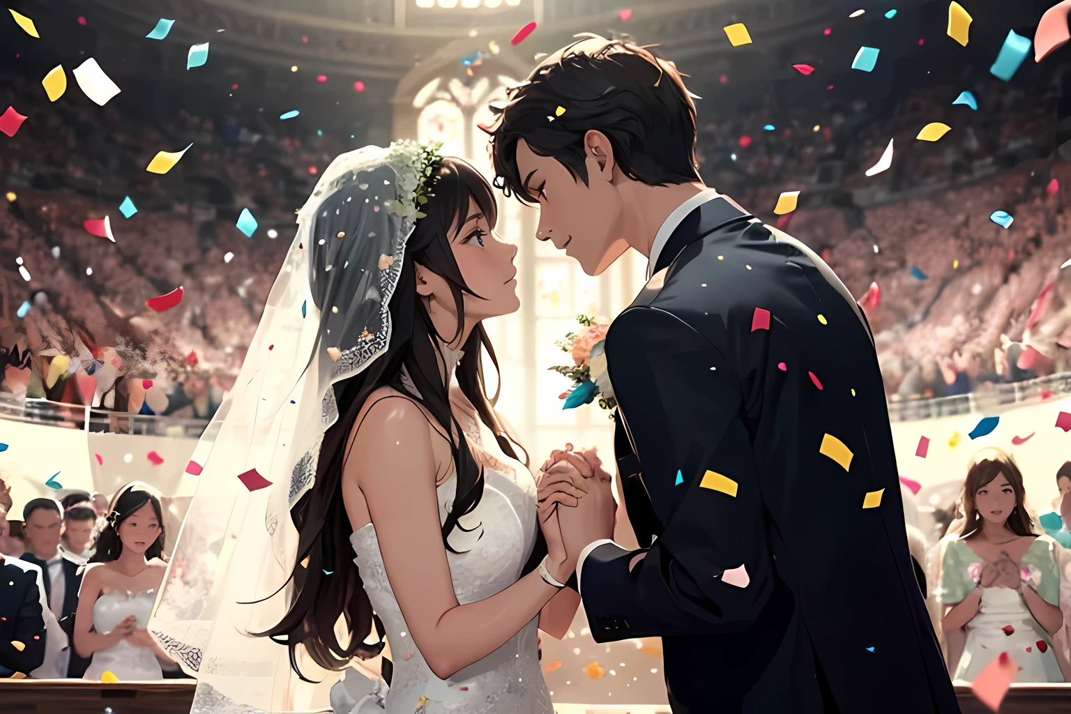 (masterpiece), (best quality half body), a bride and groom, holding hands together, looking at each other, (confetti:1.3), confetti crowd in the air, standing on the altar, celebration, gorgeous face, detailed face, intricate details, perfect shading, dramatic lighting, highly detailed, PIXIV, krenz cushart,