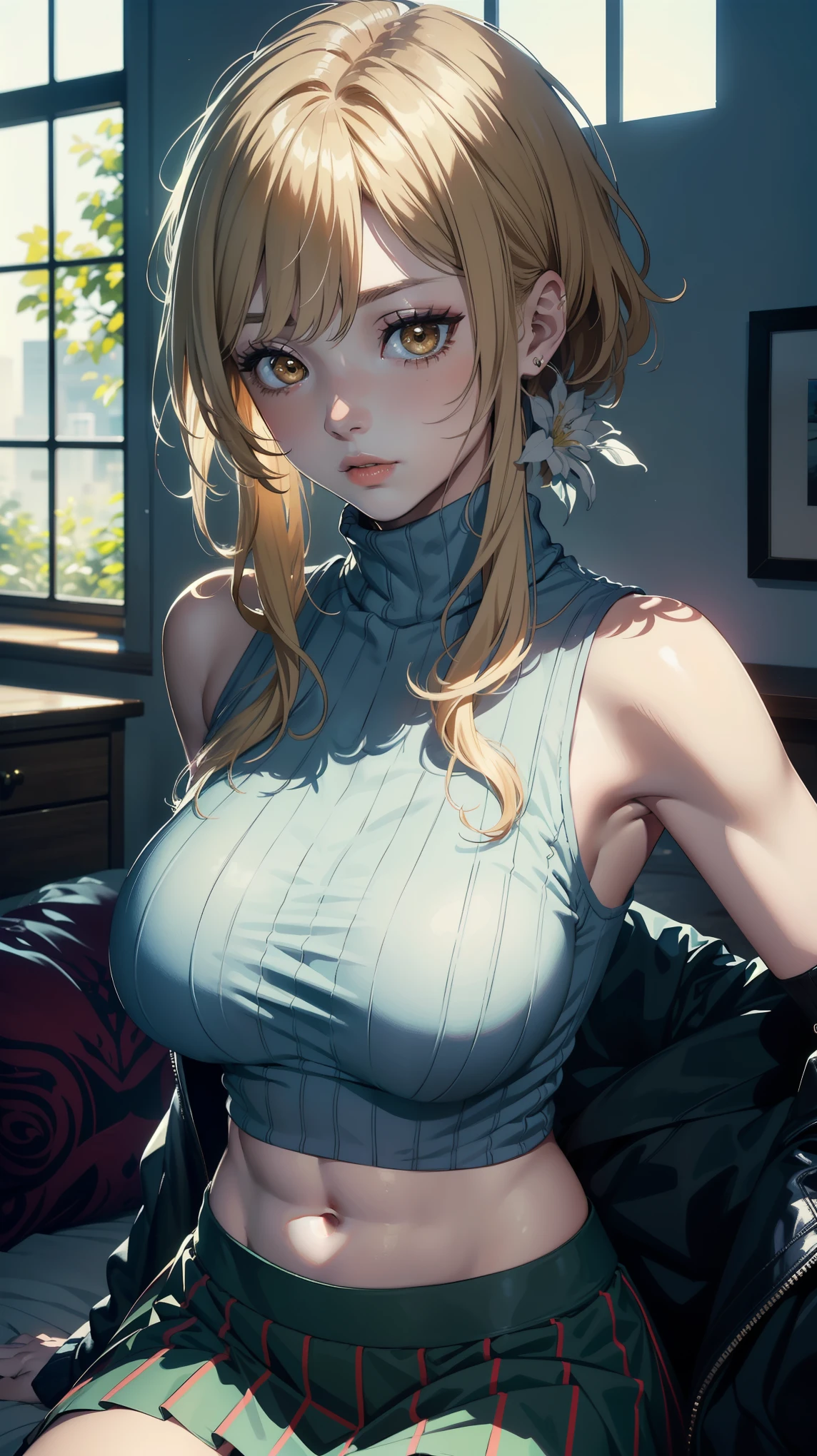  (masterpiece, top quality, best quality, official art, beautiful and aesthetic:1.2), (beautiful face), 
extremely detailed,colorful,highest detailed, (sitting on bed), bright eyes, huge breast, (sleeveless turtleneck:1.5), ((luminernd)), ((navel, skirt)), (armpits poses)