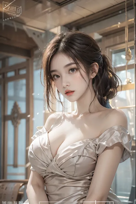 short sleeves,off shoulder, dress, (knee shot), Close up, Clear face, dress, 8k, best quality, masterpiece, Shoot real, Alice Gainsborough, 1girl, 20-year-old Asian model, sexy, sitting, bare shoulders, Plump breasts, cleavage, slender legs, sexy的美腿, exter...