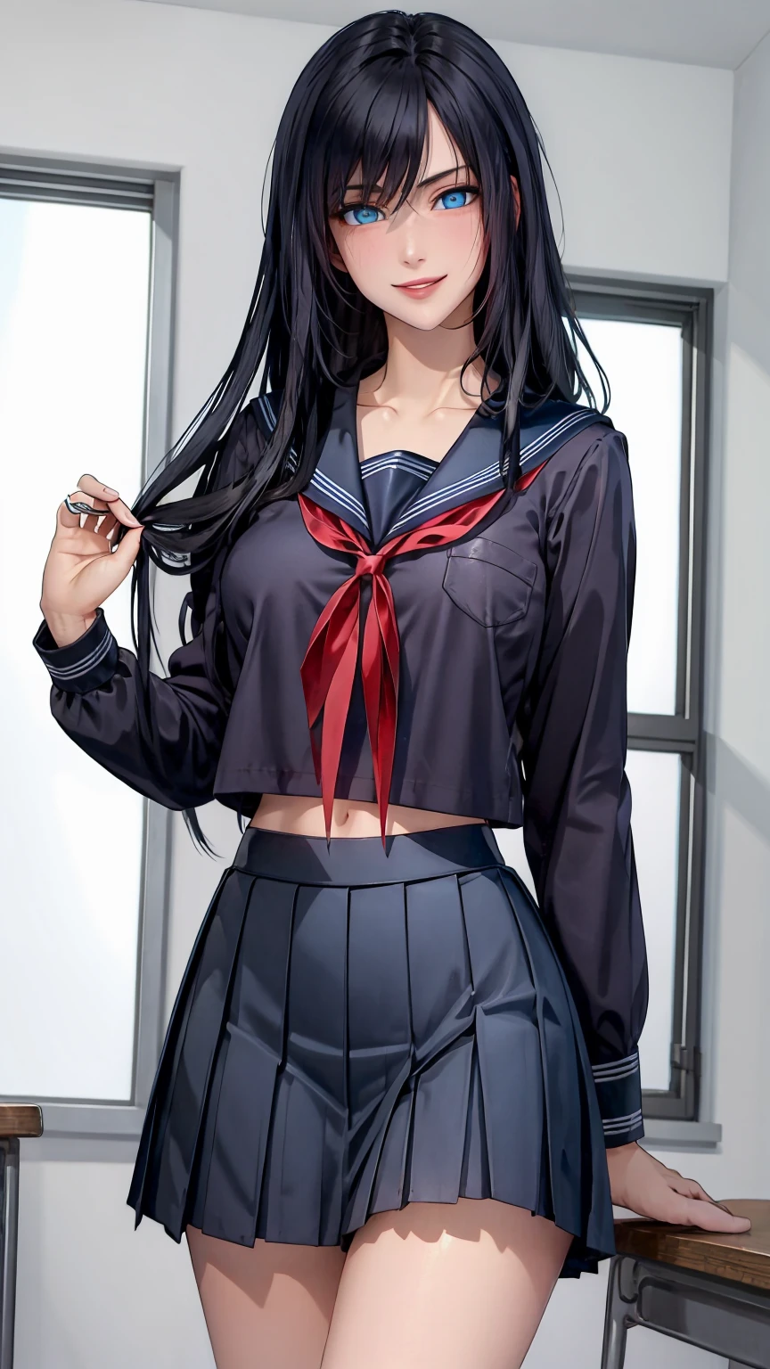 ((((masterpiece, best quality, high resolution)))), (1girl:1.5), ((long silky hair, black hair, blue eyes, sharp eyes)), (big breasts:1.2), (blushing), (cheeky smile, parted lips), glow, thighs, collarbone, narrow waist, (slender body figure), (beautiful detailed face, beautiful detailed eyes), ((sailor fuku uniform, see through material, red ribbon, blue plated skirt)), (standing up), looking at viewer, classroom, (cowboy shot)