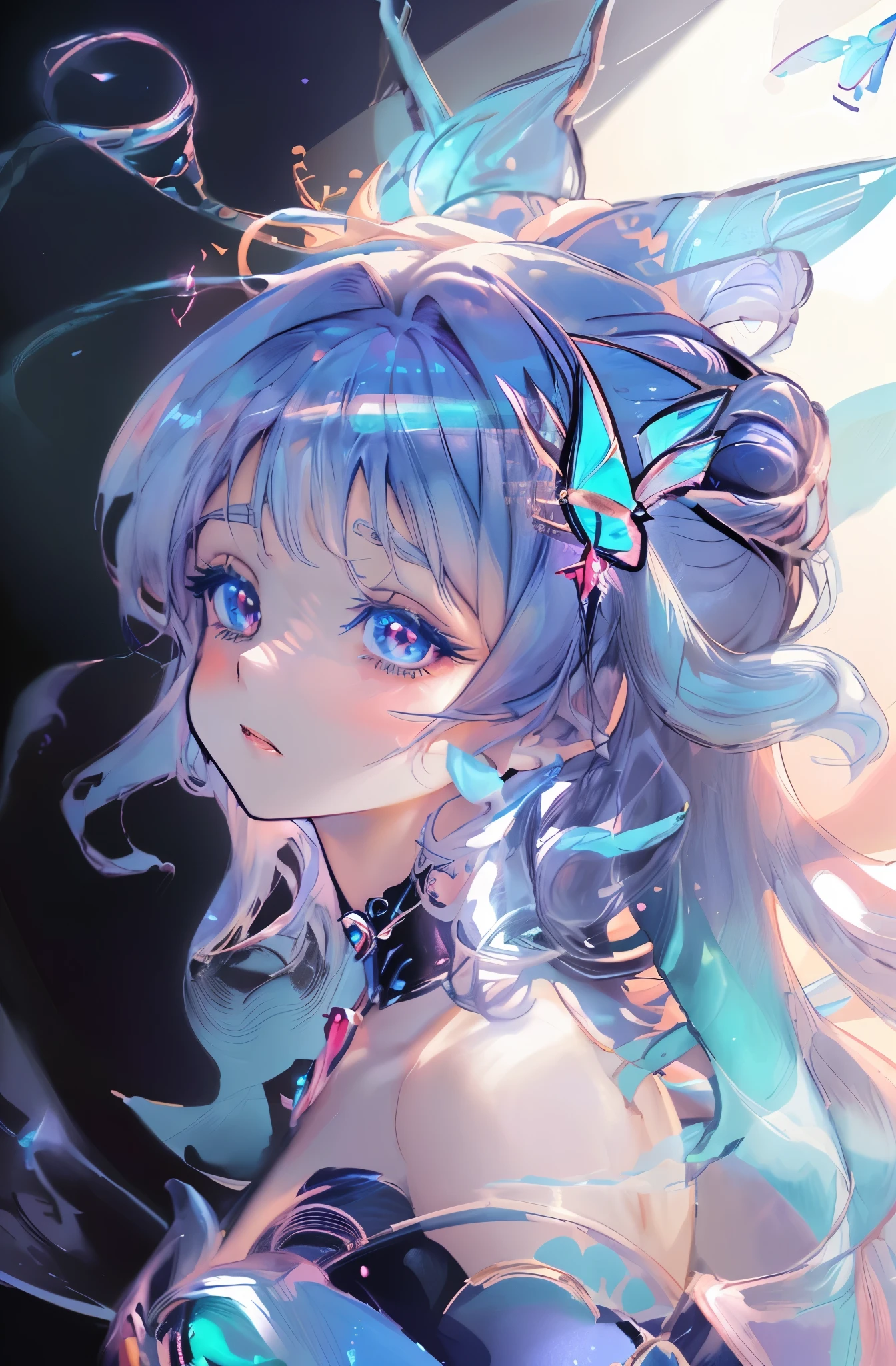 Anime girl in butterfly headdress and blue dress, fantasy art style, ((beautiful fantasy queen)), 8k high quality detailed art, Beautiful anime portrait, Beautiful fantasy anime, Beautiful anime style, Anime Fantasy Illustration, Beautiful and cute with plop, Detailed digital animation art, Beautiful anime art style, Astral Fairy, guweiz style artwork