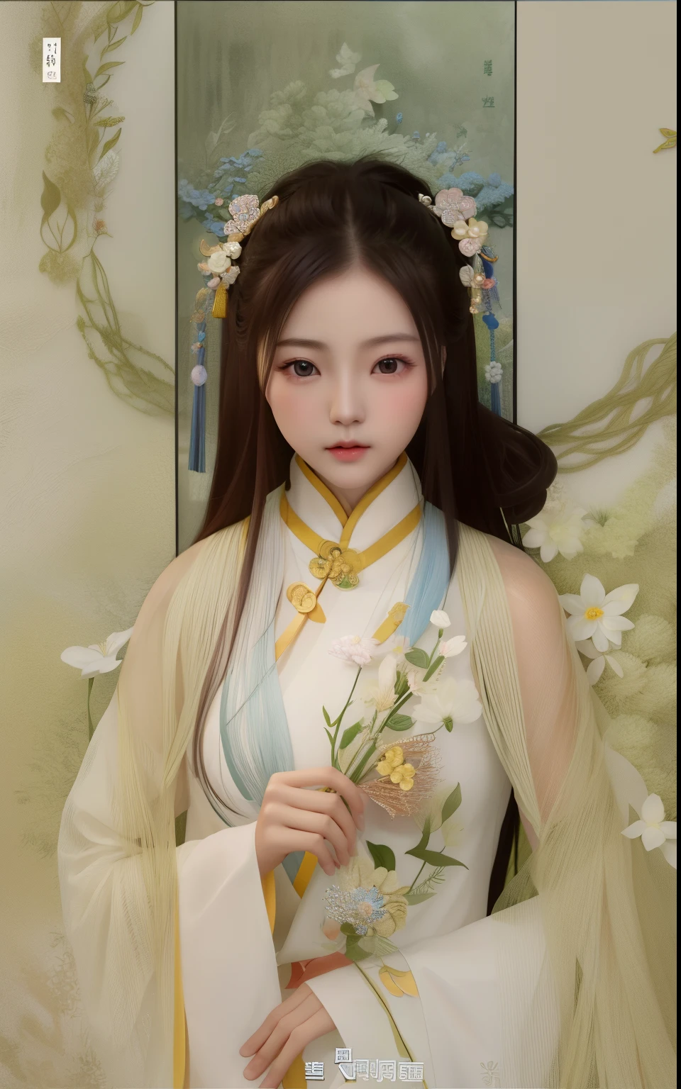 un primer plano de una mujer con cabello largo sosteniendo una flor, Por Li Song, inspired by Zhang Yan, por Tang Yifen, Por Leng Mei, por Chen Lin, by Yang J, por Yu Zhiding, por Yan Liben, por Ye Xin, Realista. cheng yi, por Xia Yong, por Zhou Wenjing, jingna zhang