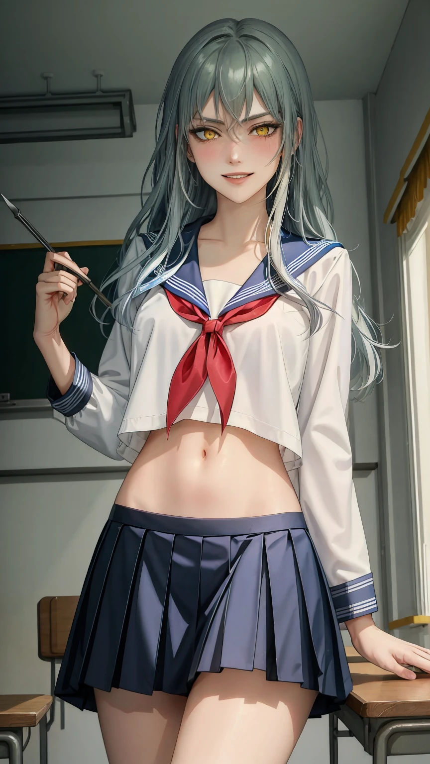 ((((masterpiece, best quality, high resolution)))), (1girl:1.5), ((long silky hair, silver hair, yellow eyes, sharp eyes)), (big breasts:1.2), (blushing), (cheeky smile, parted lips), glow, thighs, collarbone, narrow waist, (slender body figure), (beautiful detailed face, beautiful detailed eyes), ((sailor fuku uniform, see through material, red ribbon, blue plated skirt)), (standing up), looking at viewer, classroom, (cowboy shot)