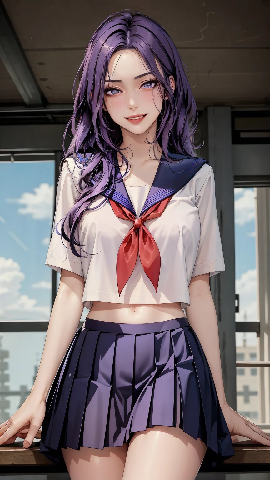 ((((masterpiece, best quality, high resolution)))), (1girl:1.5), ((long silky hair, purple hair, purple eyes, sharp eyes)), (huge breasts:1.2), (blushing), (cheeky smile, parted lips), glow, thighs, collarbone, narrow waist, (slender body figure), (beautiful detailed face, beautiful detailed eyes), ((sailor fuku uniform, see through material, red ribbon, blue plated skirt)), (standing up), looking at viewer, classroom, (cowboy shot)