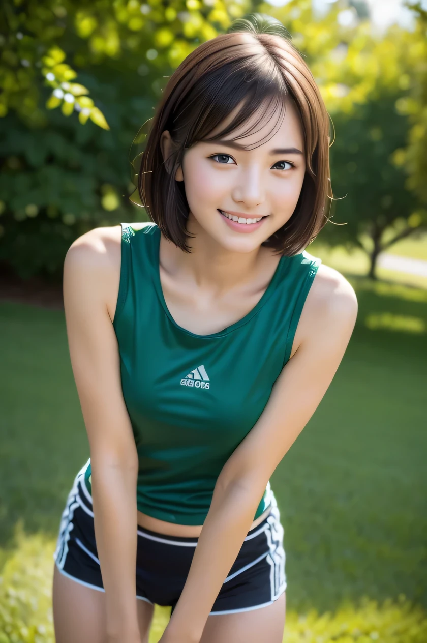 The beauty of 8K raw photos:2.0, short hair,15 years old, great face and dark eyes, look far away, upward glance, big smile:1.6,  dynamic pose, （Green Sportswear:1.2), wear sneakers, realistic:1.9, very detailed CG 統合 8k 壁紙, very detailed, High resolution RAW color photos, cowboy shot, professional photos, Taken on the lawn, girl sexy portrait