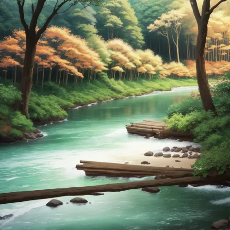 high resolution，masterpiece，wood々が生い茂る緑豊かな森の中を流れる小riverの絵, detailed painting 4k, Mountain、river、wood, Anime scenery wallpapers, ...