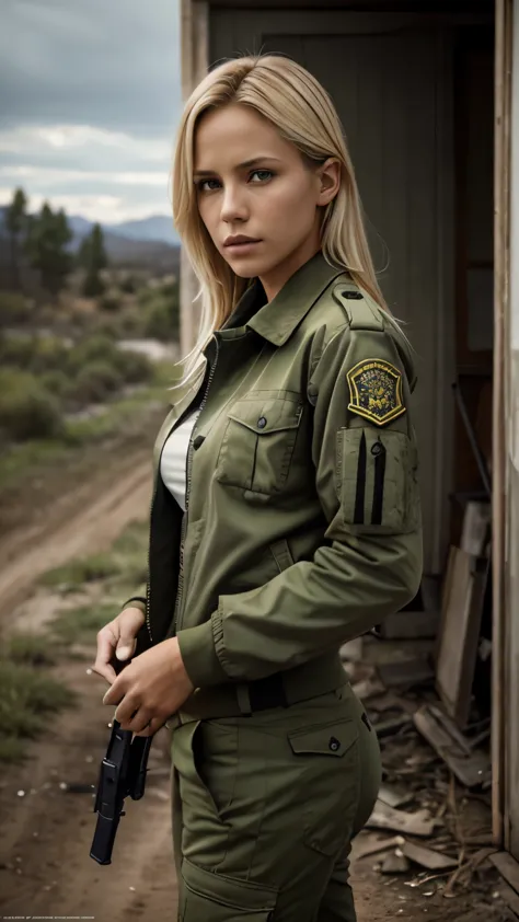 Foto hiperrealista en primer plano de 20 years old Maria Bello wear new green army uniform (jacket, top, tactical pants),  Depic...