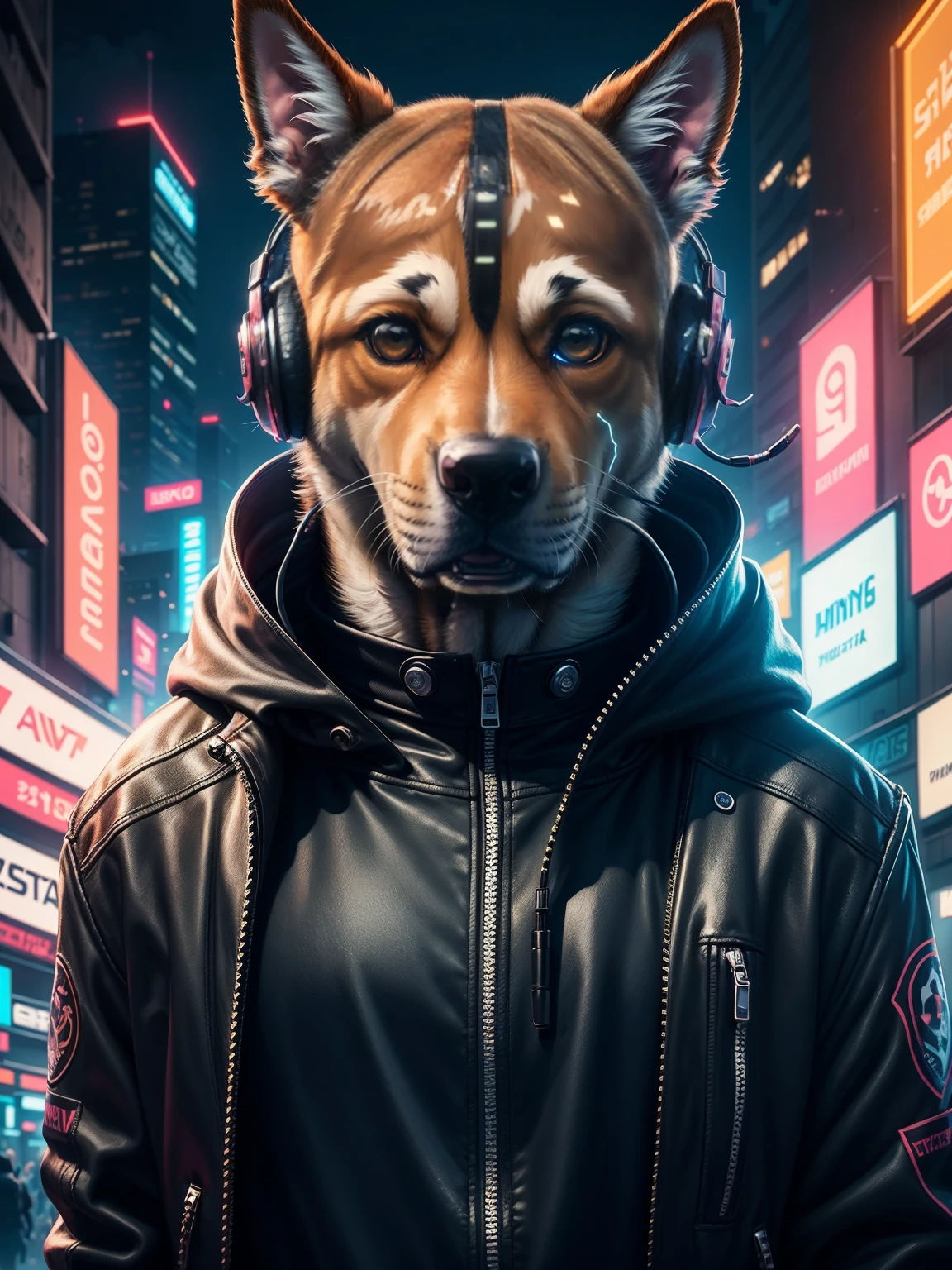 A realistic image of a dog in cyberpunk costume, glowing eye, wearing Jacket with neon lights, headphones, neon lights on headphones, portrait, cyber City background, high resolution, high quality image, ultra detailed image, sharp image, masterpiece quality, 